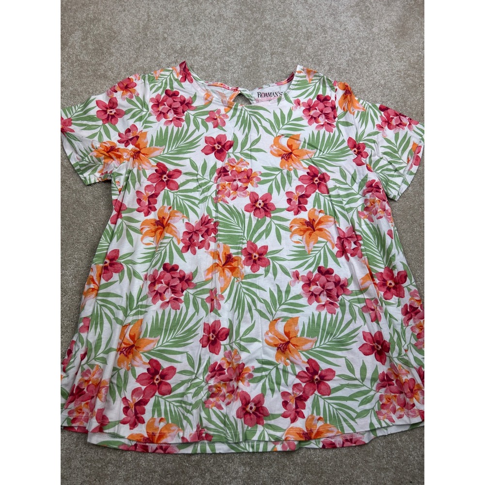 Roaman's Plus Size 18/20 Tropical Floral Cotton T-Shirt Palm Leaf Keyhole Back
